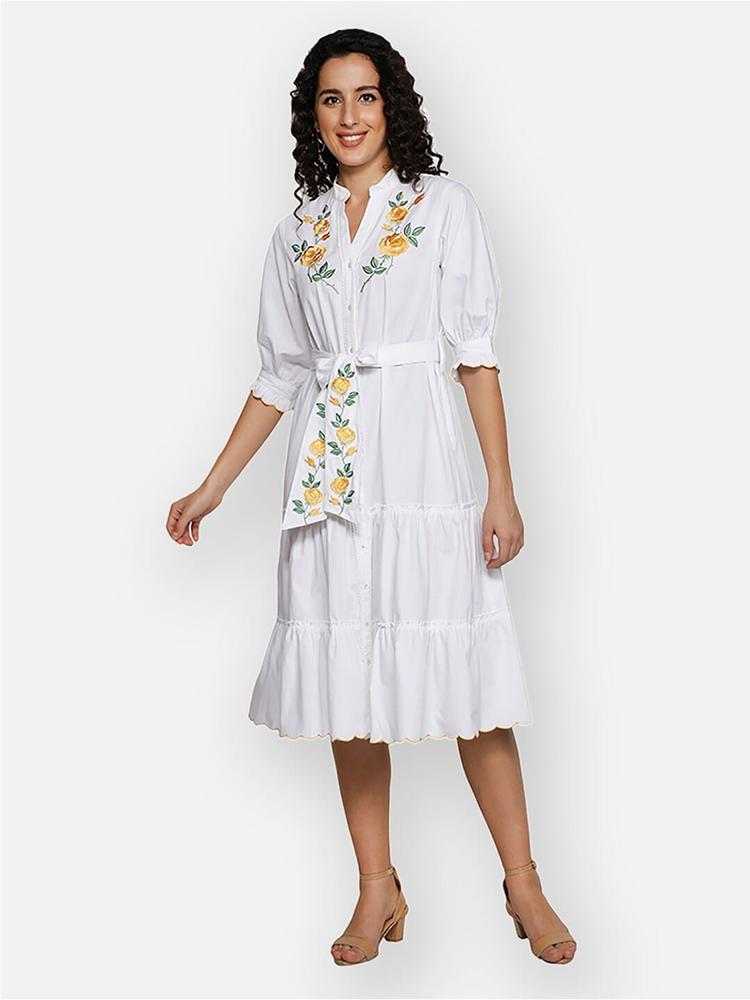 BLANC9 Floral Embroidered A-Line Cotton Dress