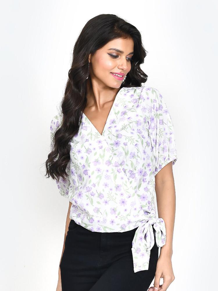 Zink London Floral Print Puffed Sleeves V-Neck Wrap Top