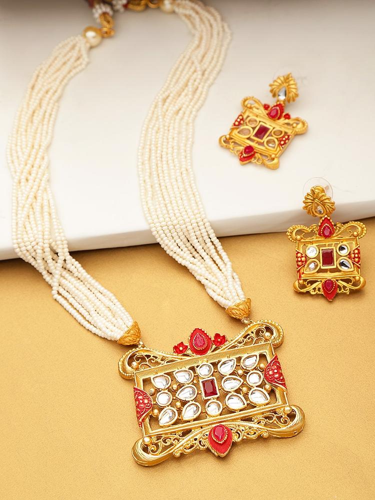 YouBella Off-White & Red Gold-Plated Beaded Enamelled Handcrafted Jewellery Set