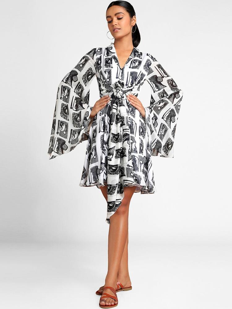 Masaba Women Black & White Printed Fit and Flare Dress