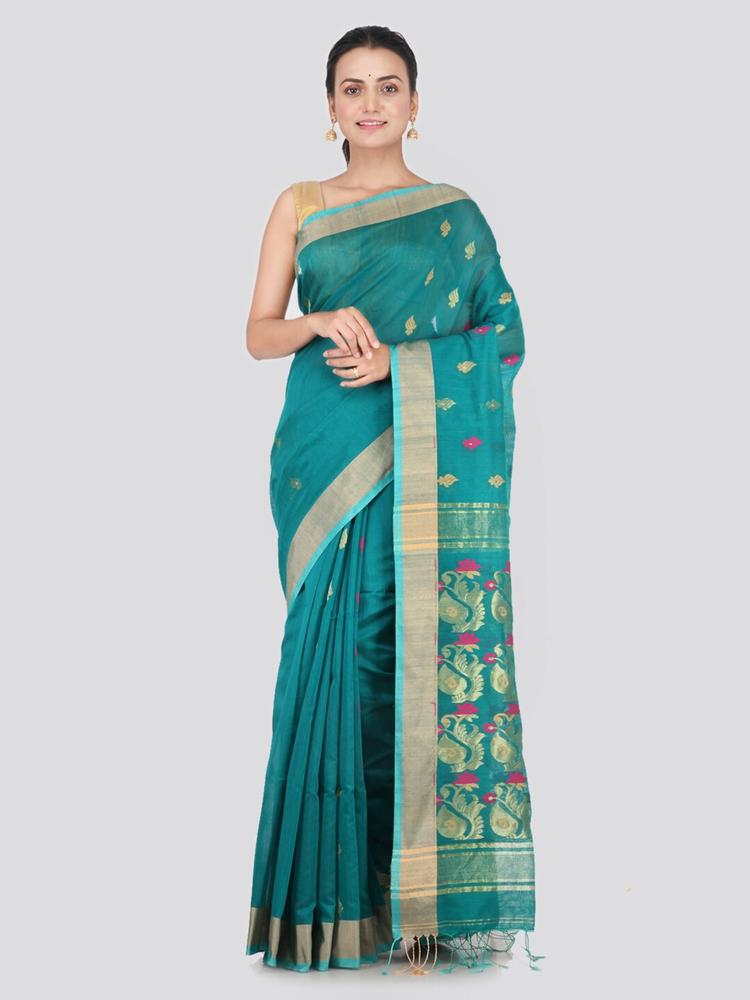 PinkLoom Sea Green & Gold-Toned Cotton Blend Woven Design Sustainable Saree