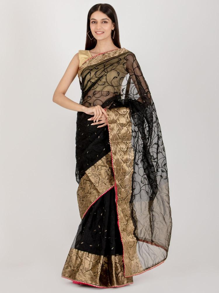 Alluring Black Organza Saree with Unstitched Blouse