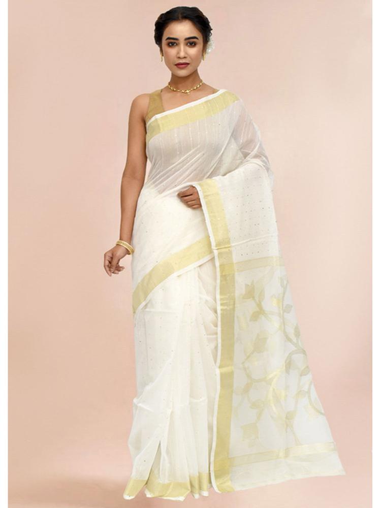 White Matka Silk Saree with Unstitched Blouse