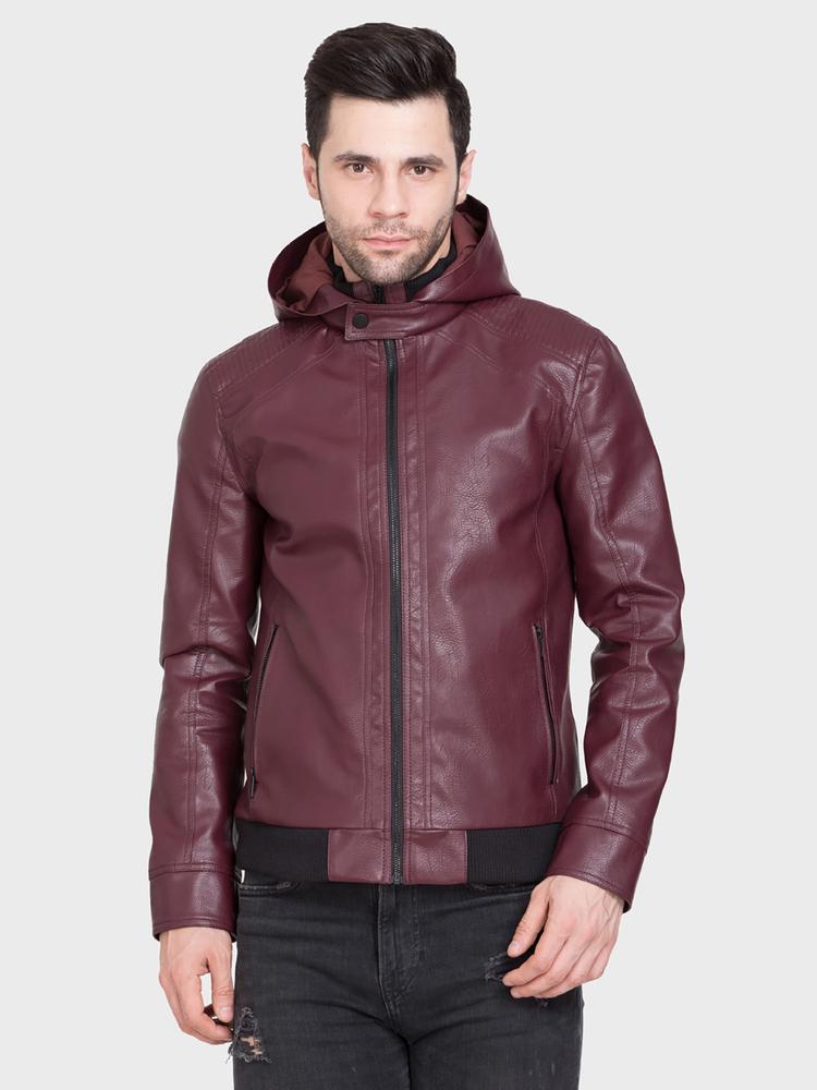 Burgundy Hoodie Leather Jacket