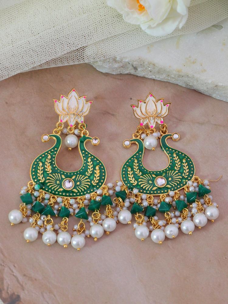 Gold-plated Green Lotus Kundan Drop & Dangler Earrings