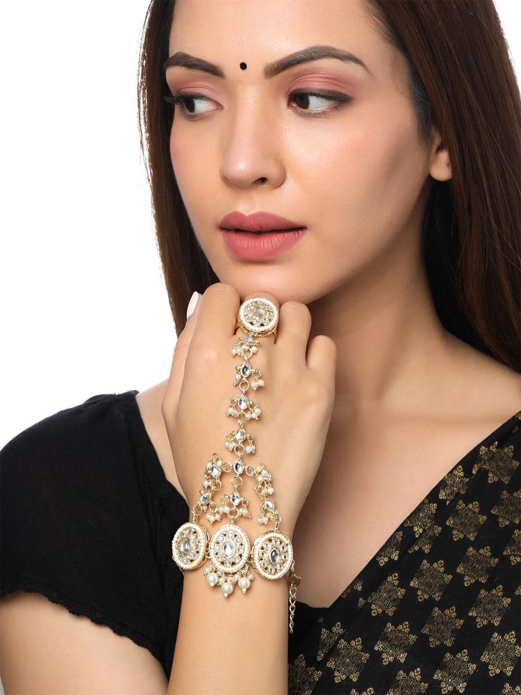 Women Gold-Plated and White Brass Kundan Ring Bracelet
