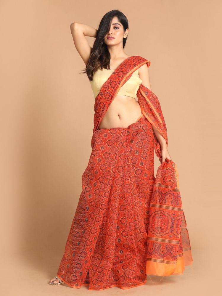 Orange Printed Cotton Blend Saree with Unstitched Blouse