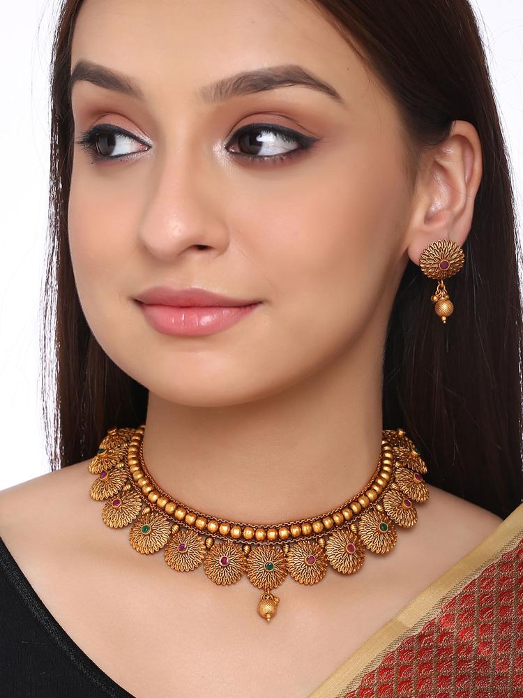 Gold Ethnic Artificial Stones Handcrafted Necklace and Earrings