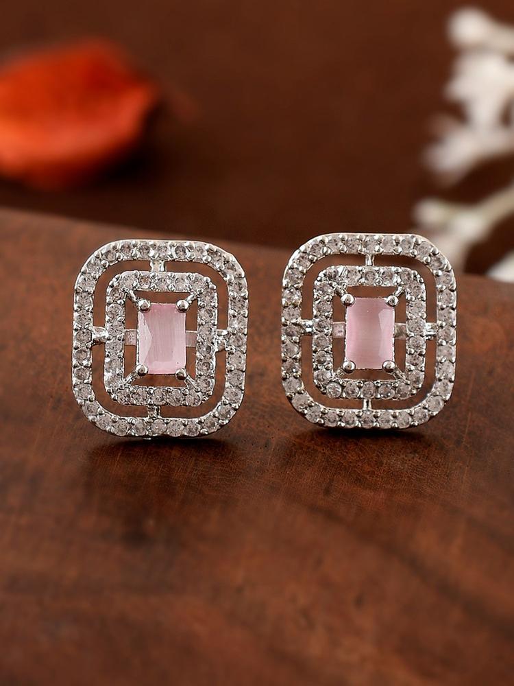 Silver-Plated Handcrafted Pink Ad Stones Studs Earrings
