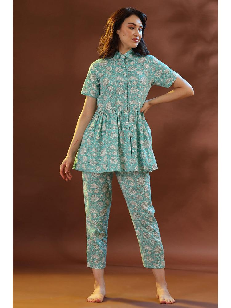Womens Cotton Printed Peplum Light Blue Top Loungewear Night Suit Pajama Set - Pack Of 2