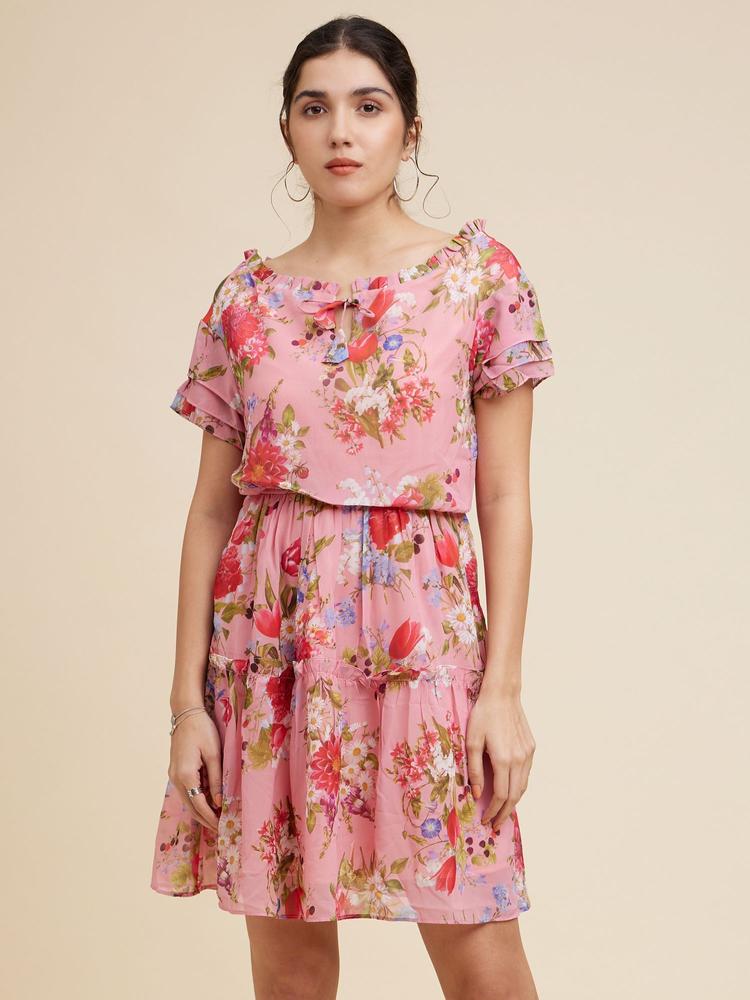 Peach Floral Print Mini Dress