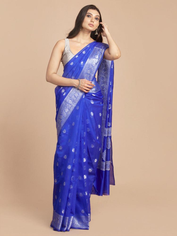 Blue Jacquard Weave Silver Butti Banarasi Silk Saree with Unstitched Blouse