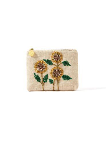 Womens Fabric White Sunflower Embellished Pouch Make Up Bag