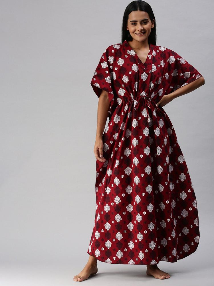 Women Maroon Printed Cotton Kaftan Maxi Nightdress (Free Size)