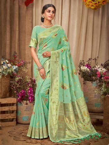 Sea Green Cotton Woven Zari Work Traditional Tassel Saree with Unstitched Blouse