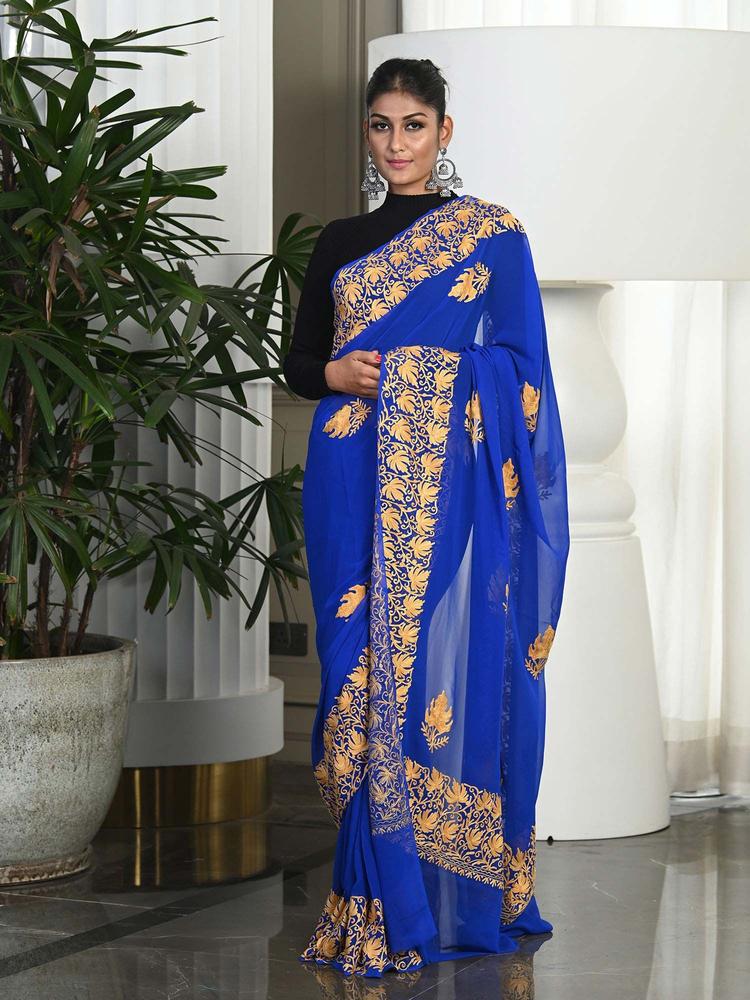 Blue Hand Embroidered Kashmiri Broad Border Saree with Unstitched Blouse