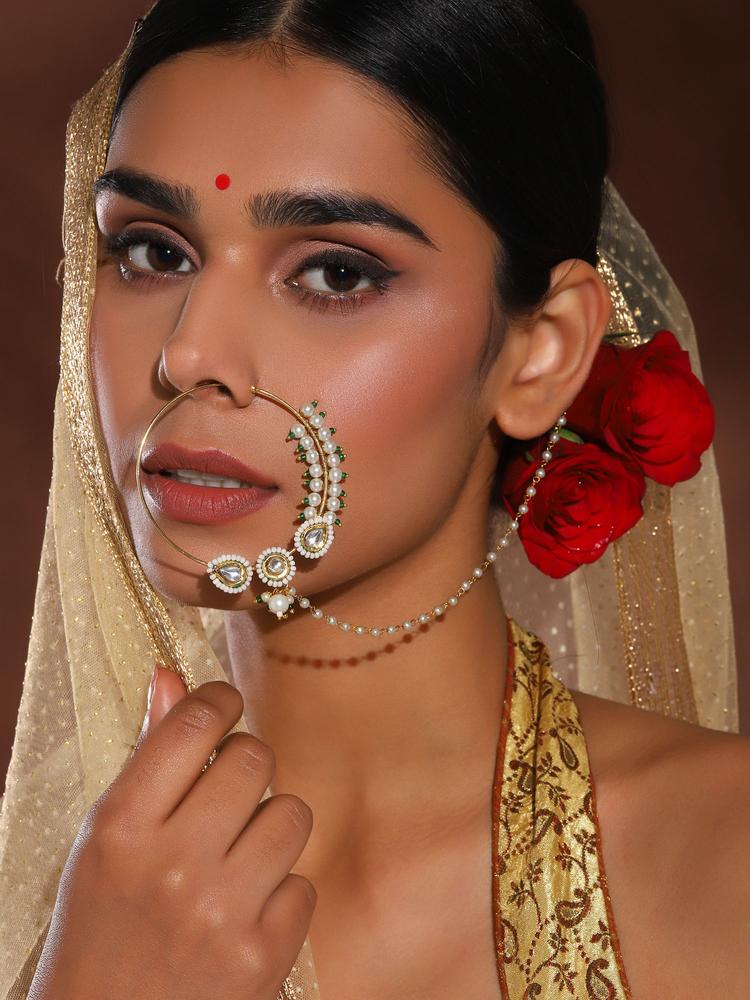 Maharani Kundan Nose Ring With Pearl Chain