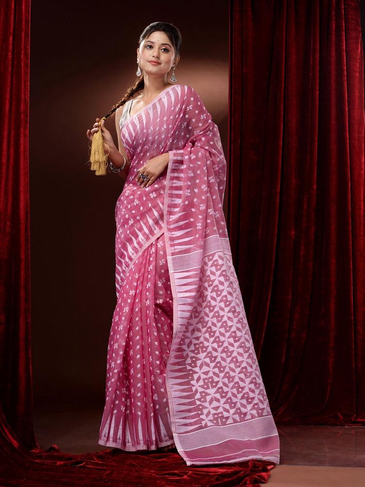 Crepe Pink Silk Cotton Handwoven Jamdani Saree with Woven Designs and Motifs