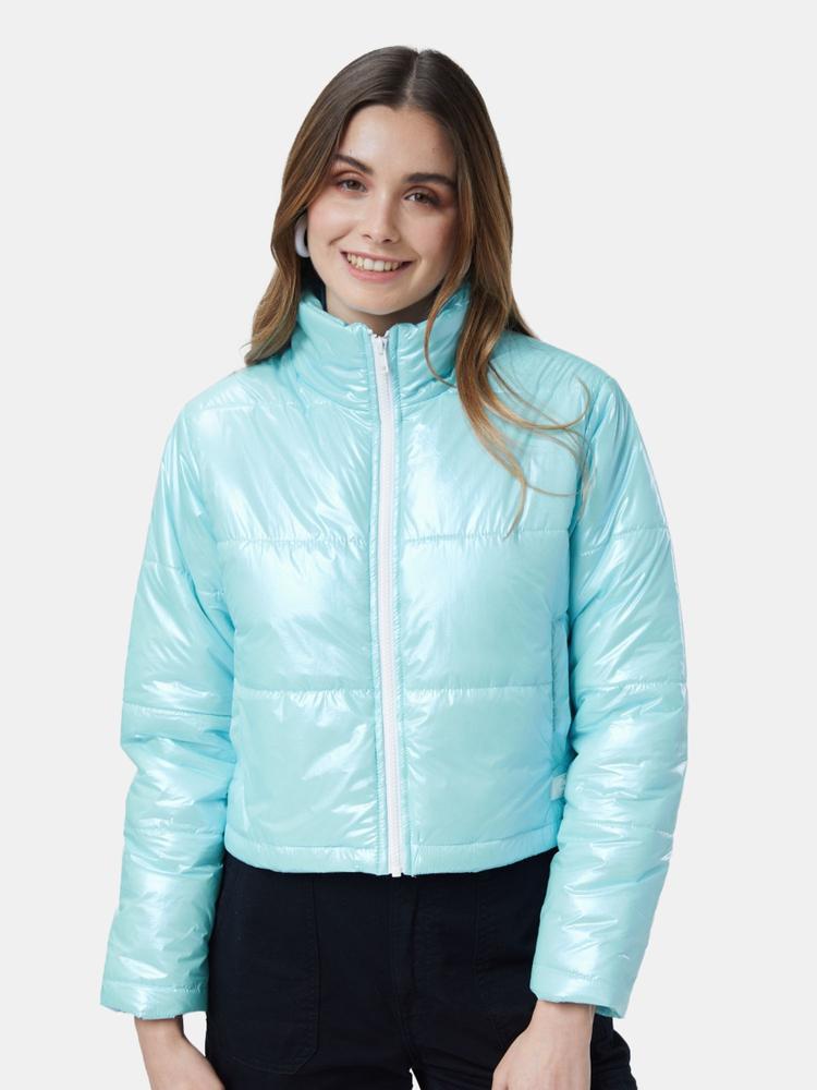 Solid Aqua Polyester Women Puffer Jackets