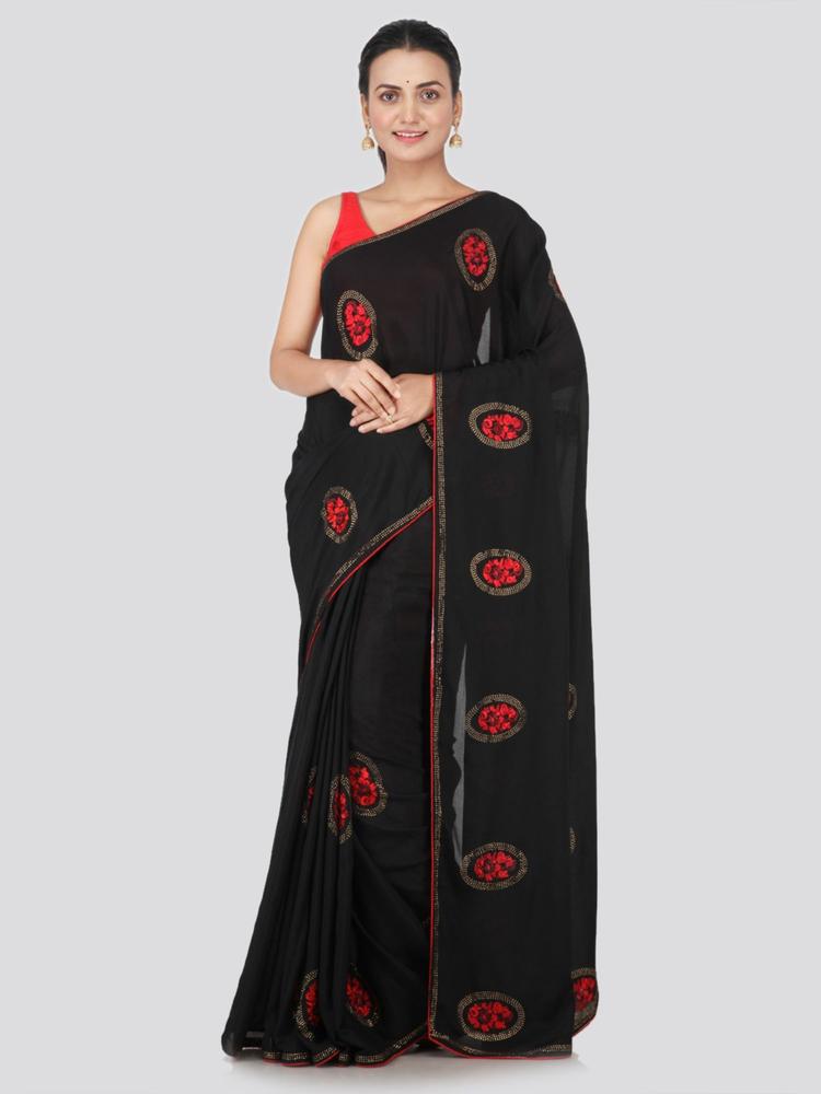 Women's Chiffon Saree With Unstitched Blouse Piece,Black