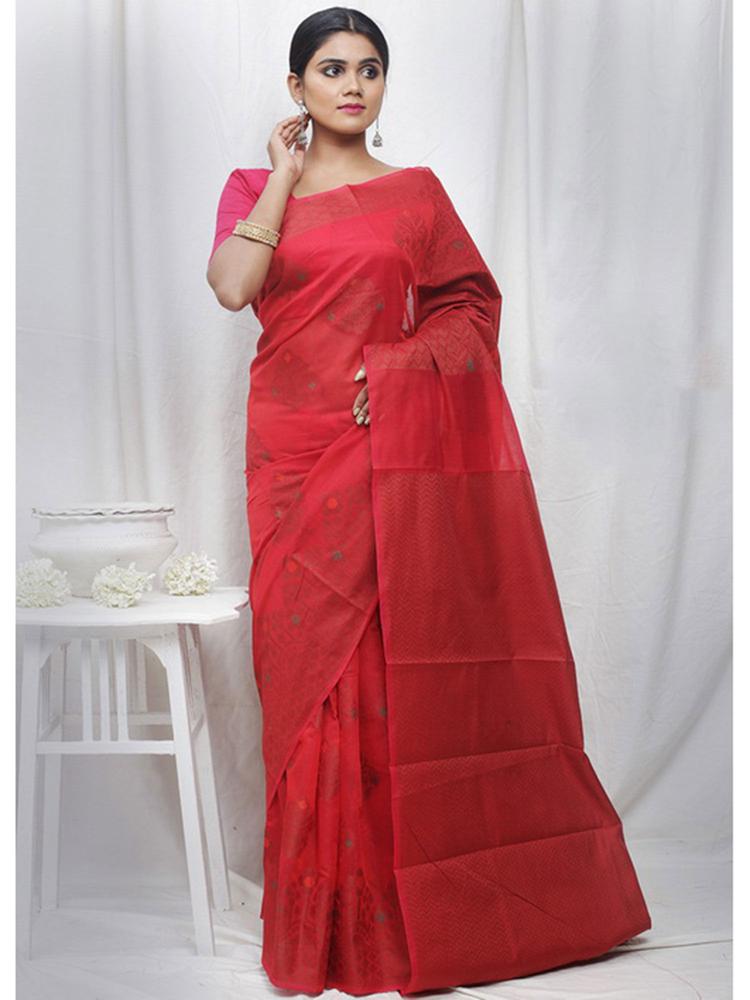 Red Cotton Saree with Unstitched Blouse Piece