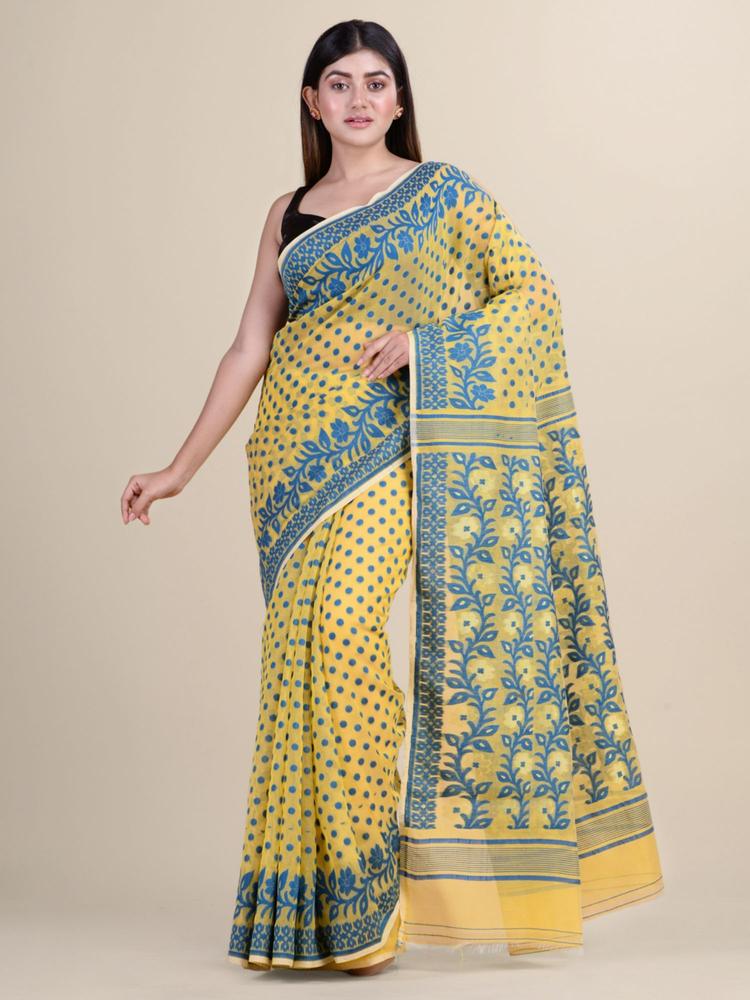 Yellow & Blue Cotton Silk Hand Woven Traditional Saree Without Blouse Piece