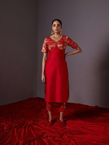 Scarlet Red Banarasi Kurta With Detachable Zari Blouse