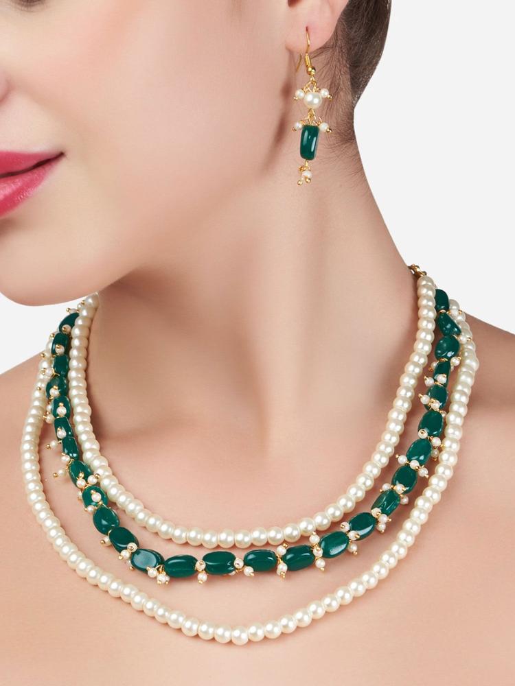 Green Beads & Pearls Multi Layers Ethnic Necklace & Earring Set-ZPFK13690 (Set of 2)