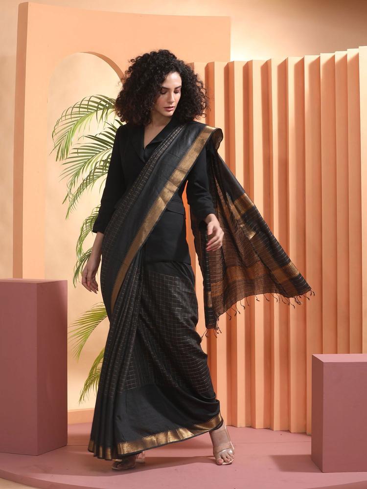 Black Cotton Woven Saree with Unstitched Blouse