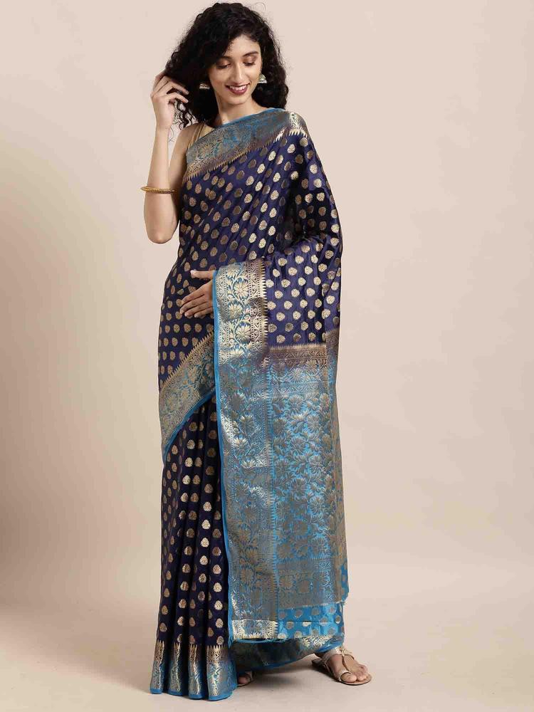 Womens Navy Blue Silk Weaving Work Traditional Saree with Unstitched Blouse