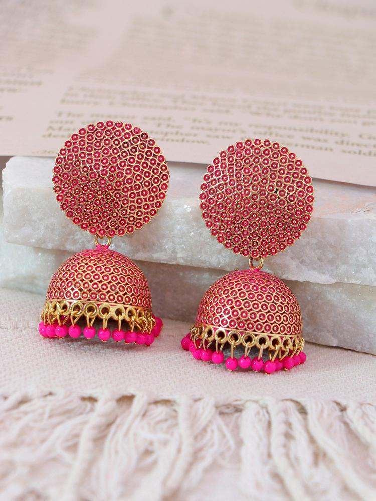 Gold-Plated Punjabi Dropping Pink Beads Jhumki Earring
