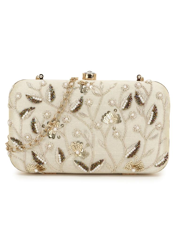 Adorn Off White and Gold Botanical Embellished Faux Silk Clutch
