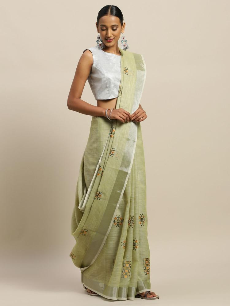 Pista Green Linen Cotton Embroidery Traditional Saree with Unstitched Blouse
