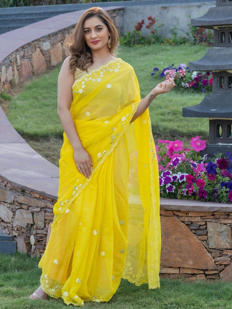 Sunflower Yellow Mirror Work Saree with Unstitched Blouse