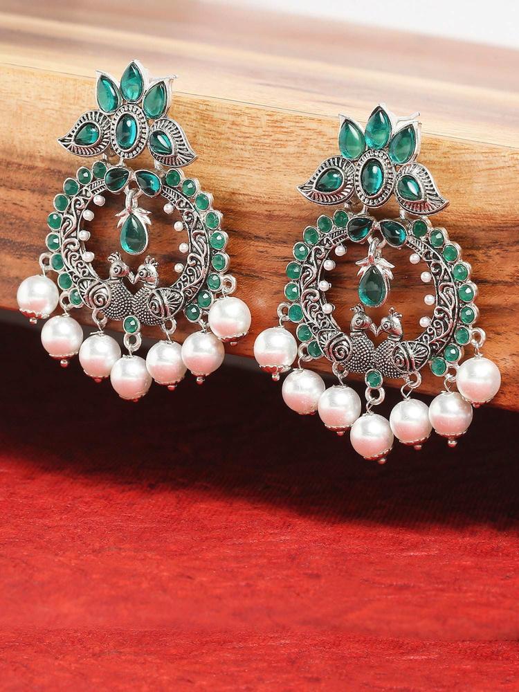 Oxidised Silver Green Stone and Pearls Peacock Design Large Chandbali Earrings