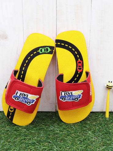 Bro Fast Cars Applique Slippers for Unisex Yellow & Red