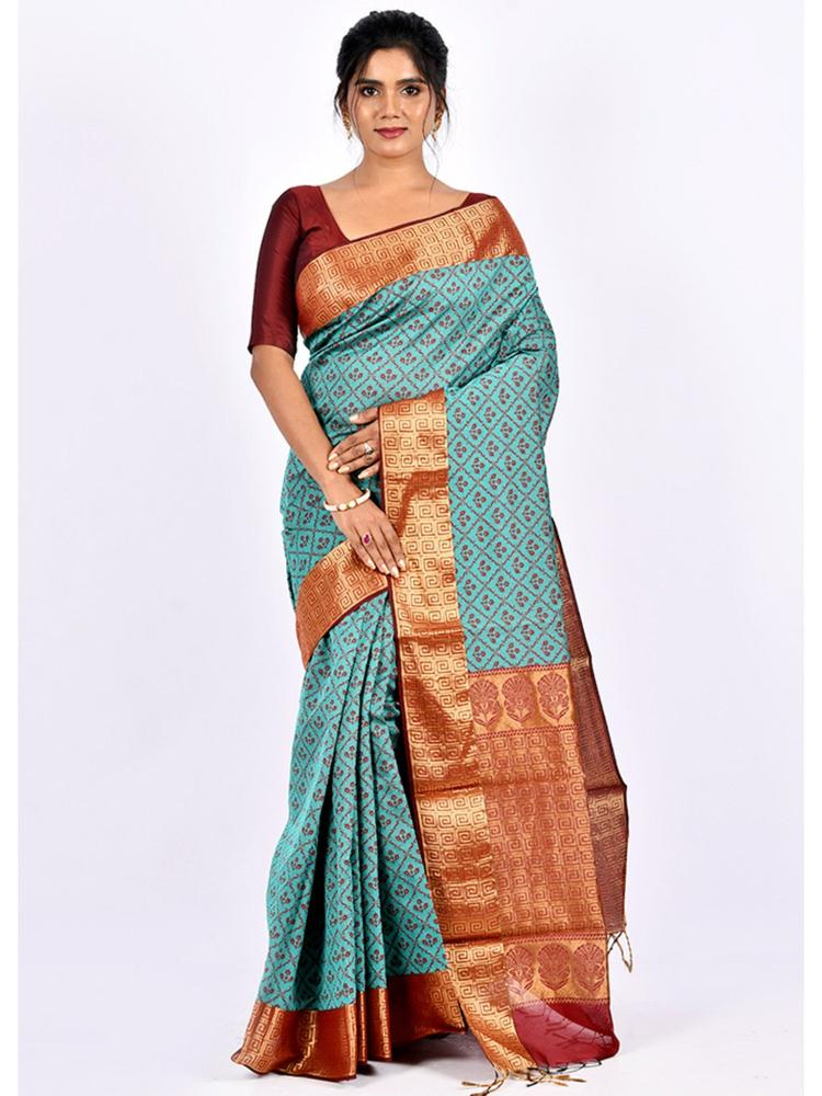 Teal Green Cotton Saree without Blouse