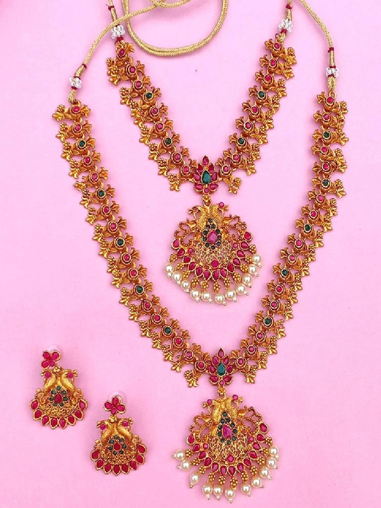 Gold Plated Double Line Peacock Nakshi Temple Necklace Set with Pearls for Women