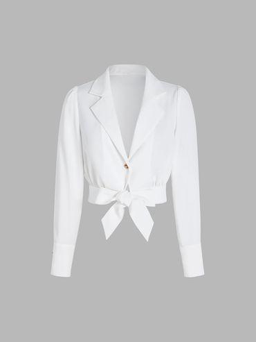 Button Solid Collar Tie Front Crop Blouse