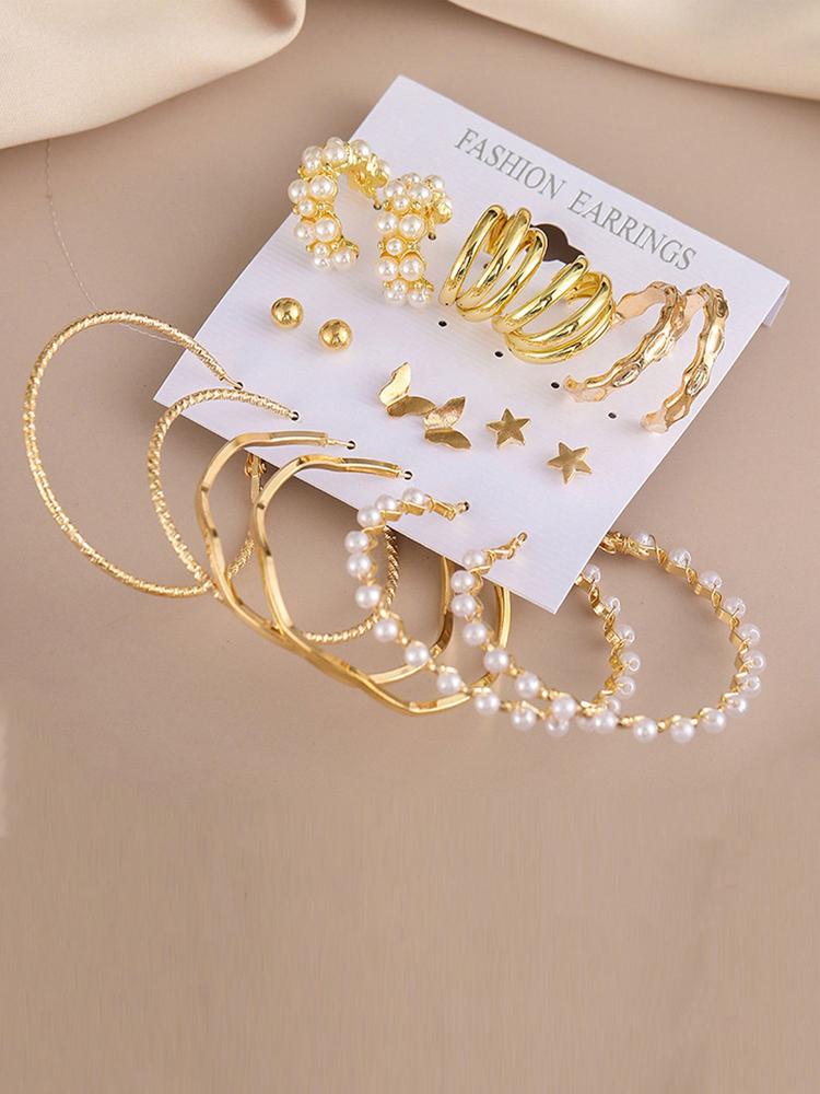 Gold Plated Contemporary Studs and Hoop Earrings Set of 9