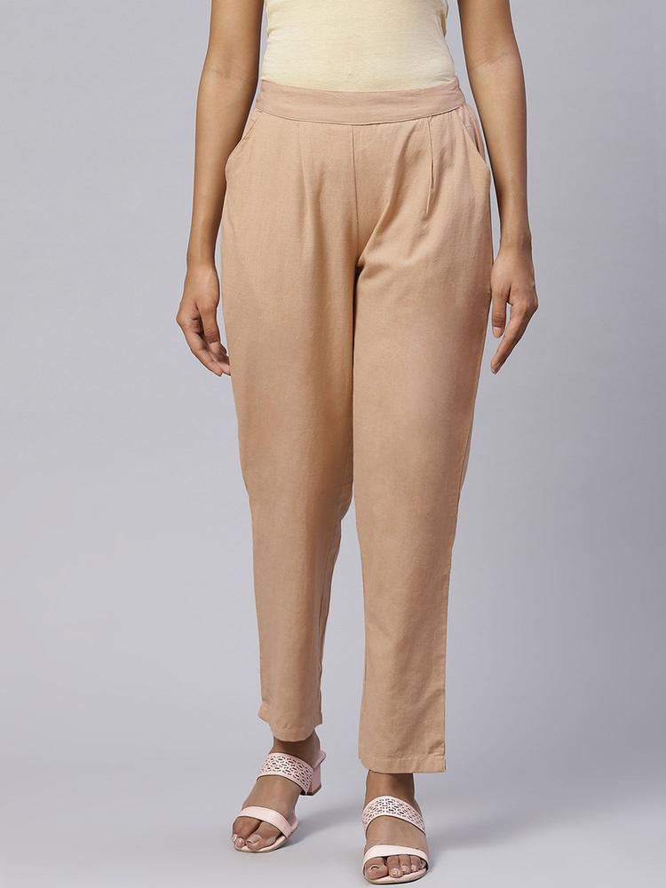 Cotton Flax Solid Straight Trouser Pant Camel
