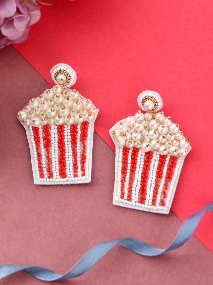 Red White Popcorn Shaped Drop Earrings