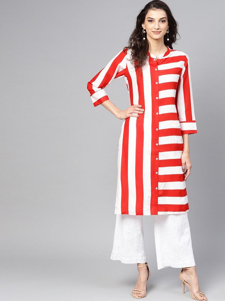 Women Red & White Striped Straight Kurta
