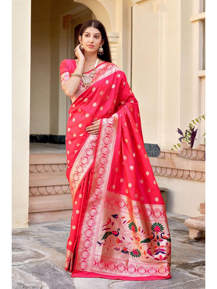 Coral Pink Color Banarasi Soft Silk Designer Saree with Unstitched Blouse
