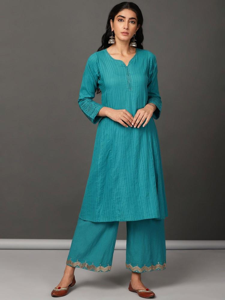 Teal Flare Cotton Kurta With Pant And Embroidery (Set of 2)