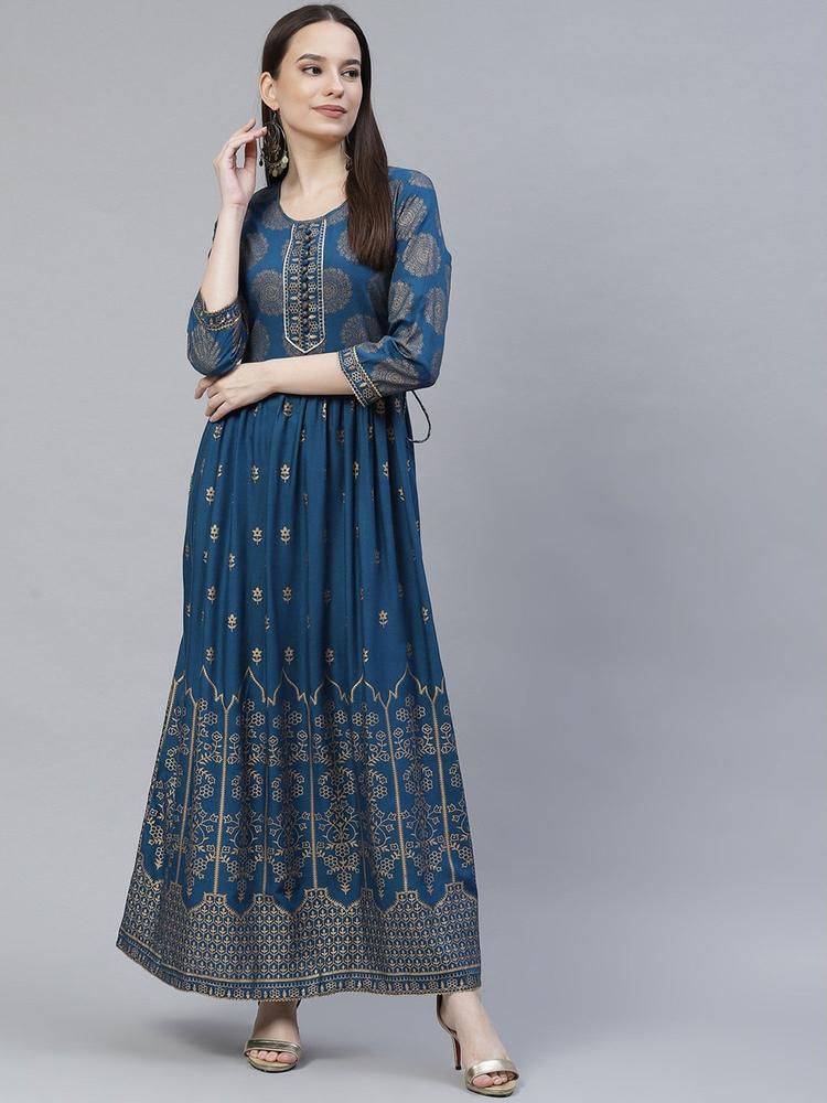 Blue & Gold-toned Ethnic Motifs Maxi Dress