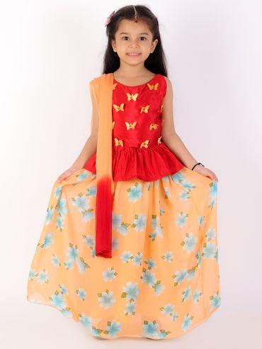 Butterfly Peplum Top With Floral Lehenga-red/peach (Set of 3)