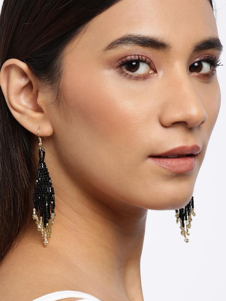 Black And Gold Glass Beaded Drop Earring
