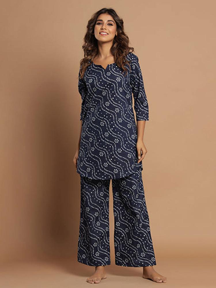Printed Pure Cotton Blue Pyjama Top Night Suit (Set of 2)