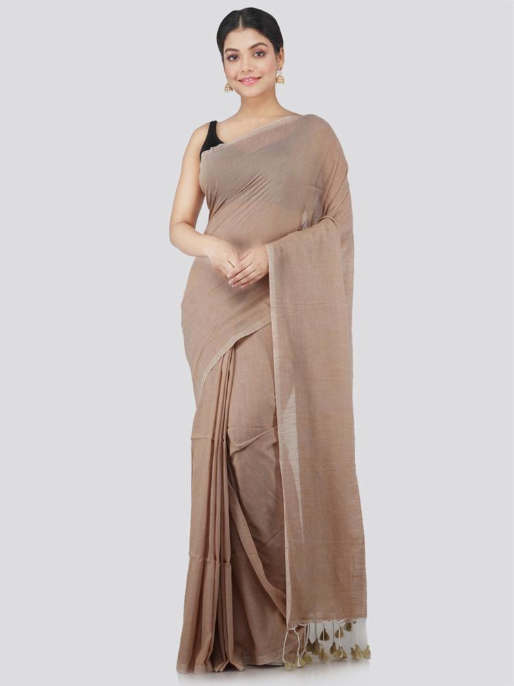 Womens Cotton Saree with Unstitched Blouse-Brown